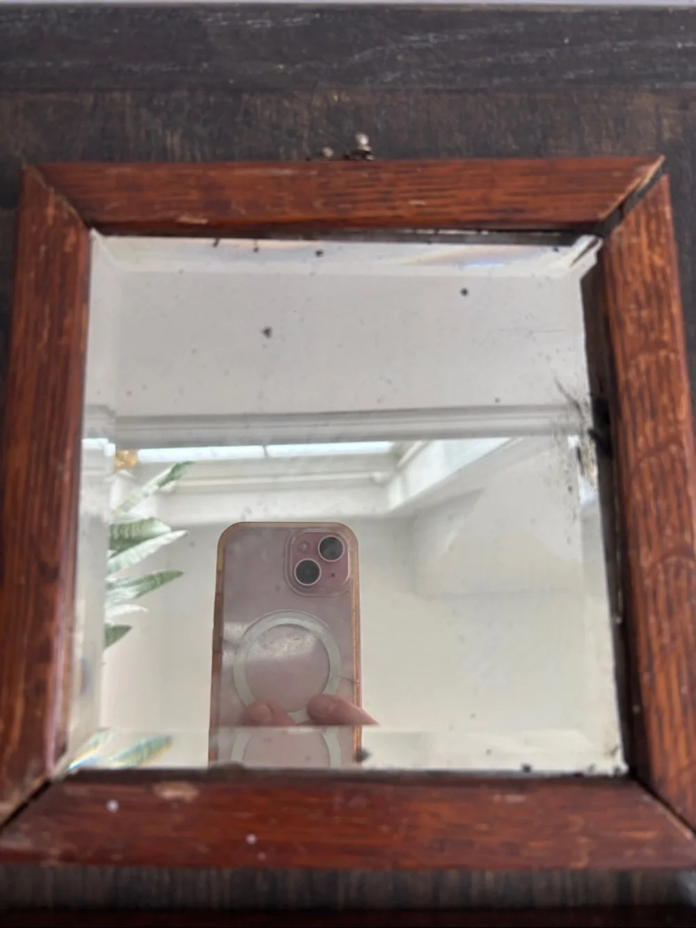 Vintage triple wood framed mirrors, beveled glass,hinges,patina,7.25x7.25” each